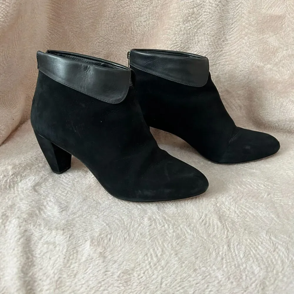 Loeffler Randall Suede Black Ankle Boots with Leather Peter Pan Collar